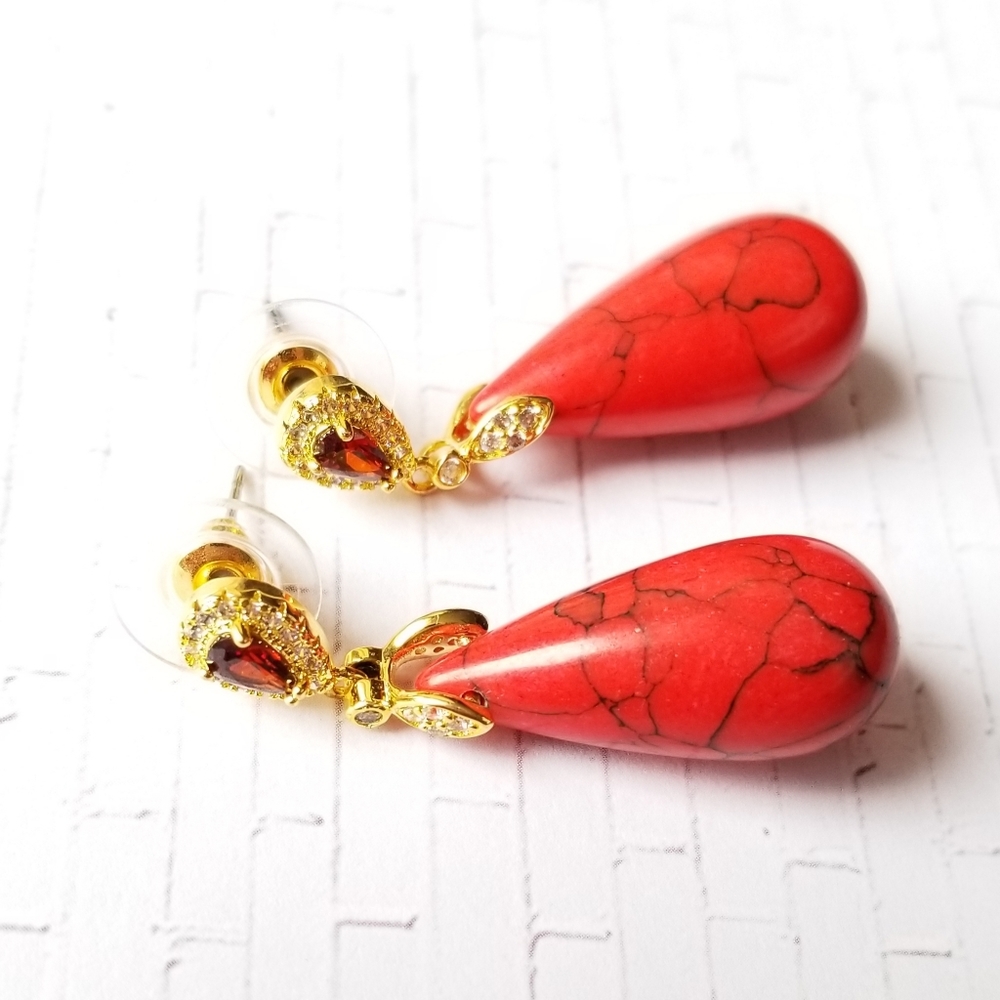 Red Howlite and CZ Dangle Earrings Goldtone